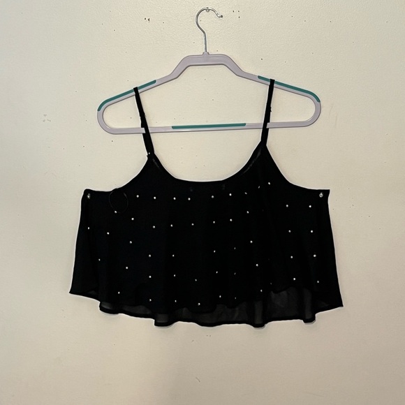 Sheer black cropped spaghetti strap top with silver rhinestones on the f… - Picture 1 of 8